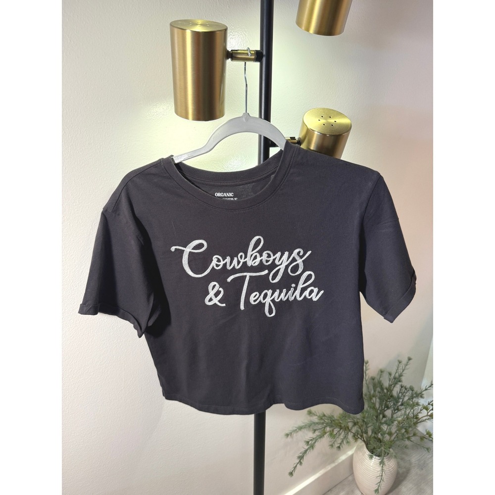 Organic Collective tee crop Cowboys & Tequila cuffed gray chainstitch SM country
